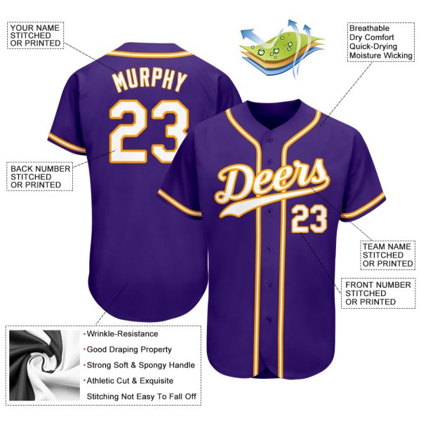 Men's Custom Purple White-Gold Authentic Baseball Jersey